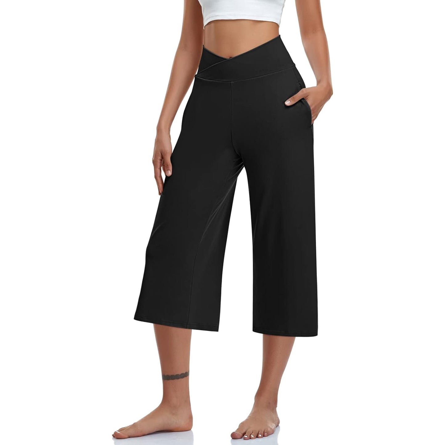 Womens Yoga Capri Pants with Pockets, Casual Wide Leg Capris Pant, Crossover High Waist Workout Pant, Loose Soft Sweatpants Flare Leggings for Summer (Available in Plus Size)