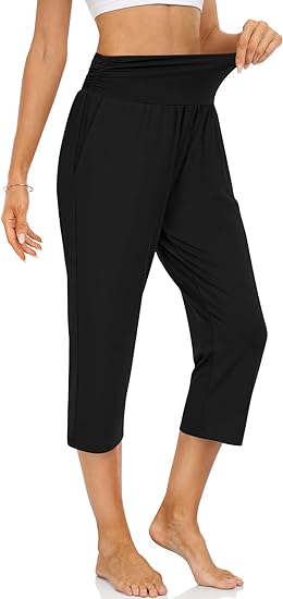 Women's Capri Pants Casual Loose Yoga Pants Comfy Workout Elastic Waist Pant with Pockets Summer Black