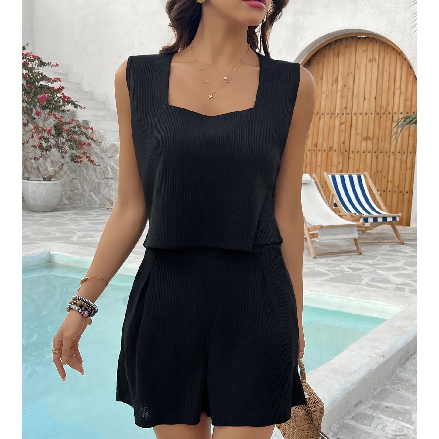 Women's Lounge Set 2-Piece Shorts Outfit Square Collar Vest Top Shirts High-Waisted Shorts with Pockets Loungewear Summer Black