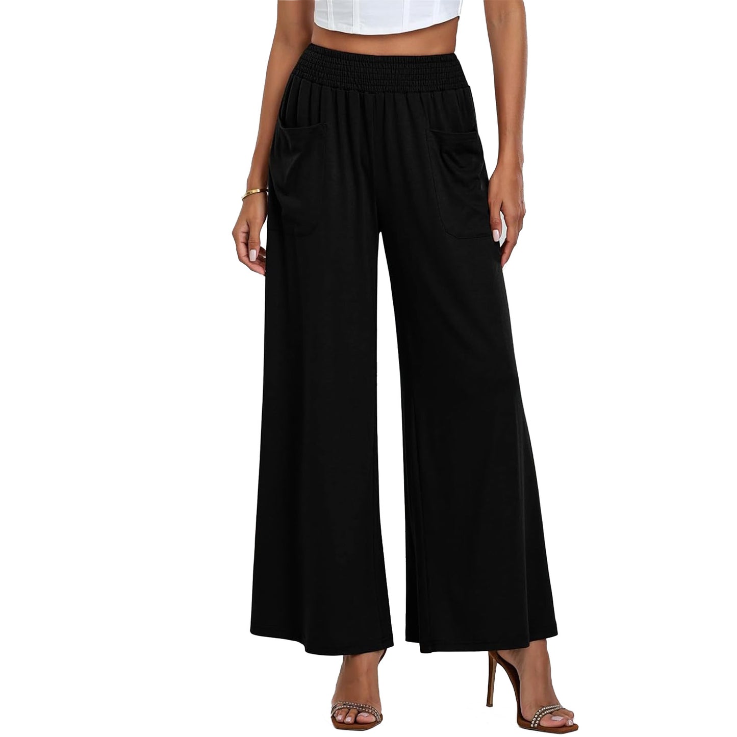 Womens Flowy Wide Leg Pants Elastic Waist Dressy Casual Loose Palazzo Trousers with Pockets