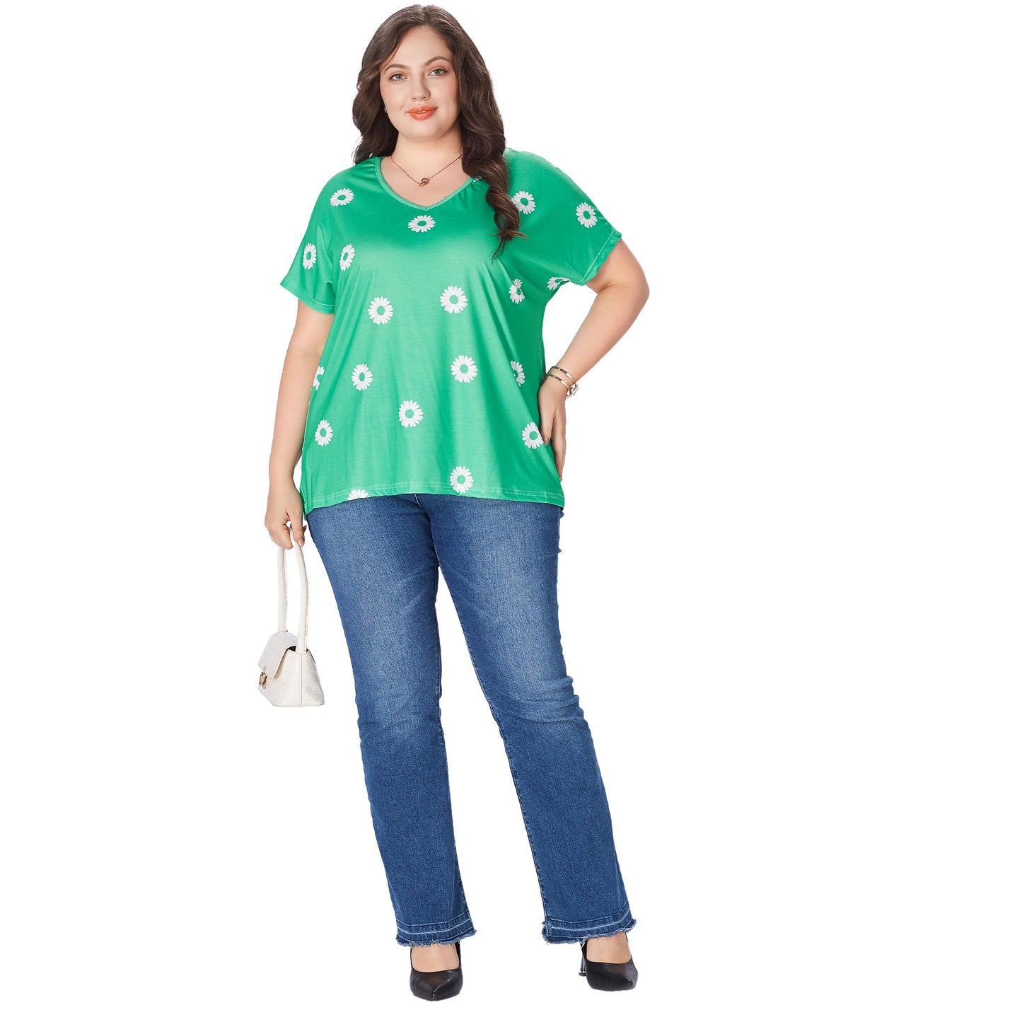 2025 Women's Plus Size Top Flower Printed V Neck Short Sleeve Casual Plus Size Tops for Women