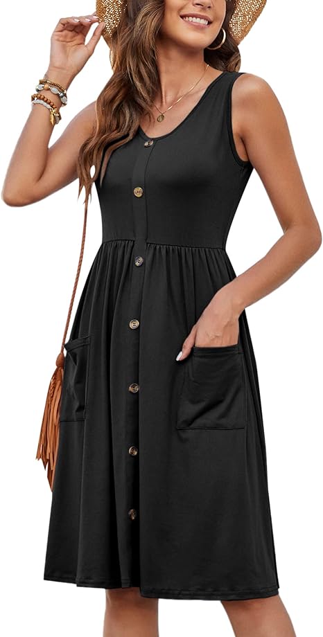 Women's Summer Dresses Casual Sleeveless Sundress Loose Button Elastic Waist Maternity Midi Dress with Pockets