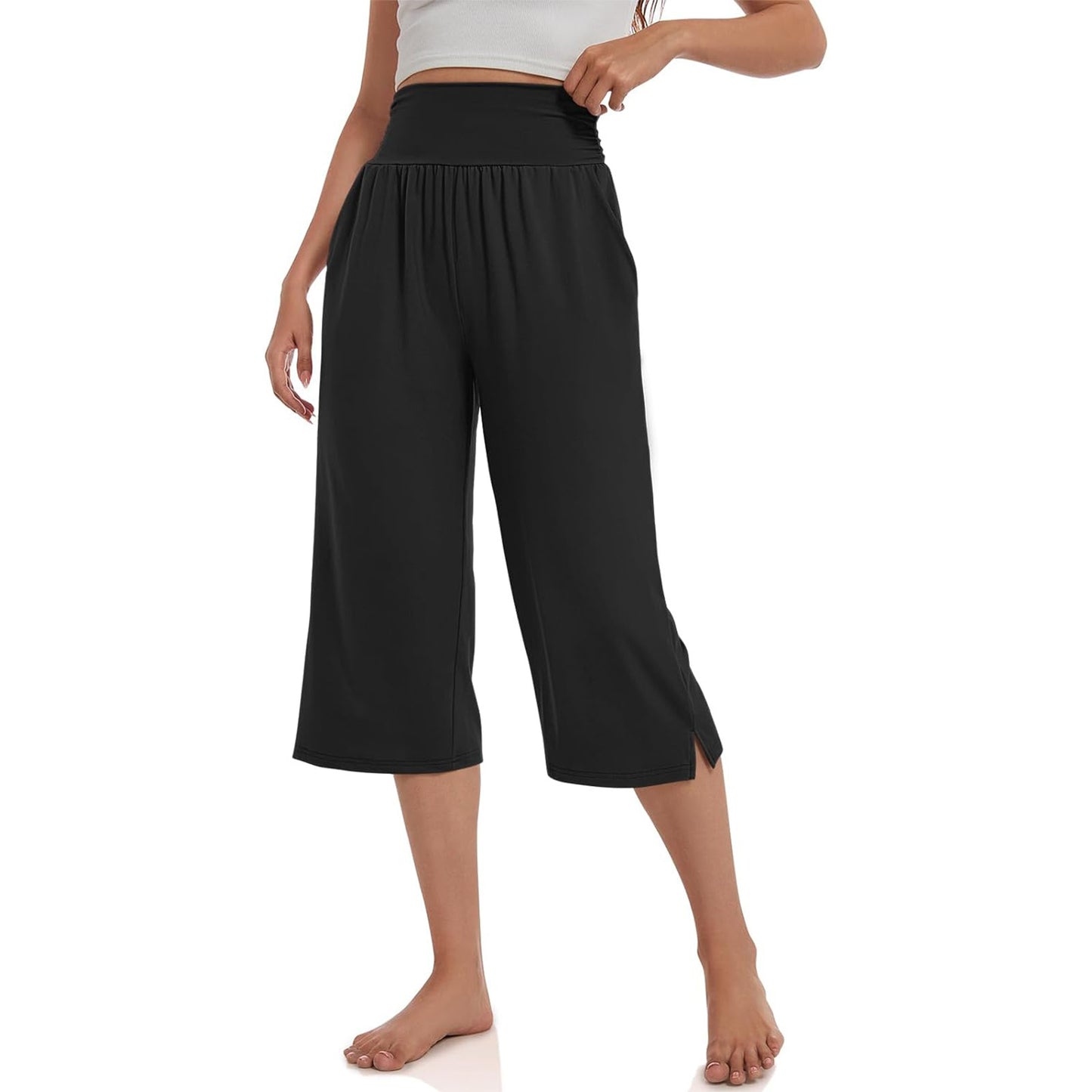 Women's Capri Yoga Pants Wide Leg Yoga Pants High Waisted Side Slit Joggers Casual Loose Lounge Sweatpants with Pockets