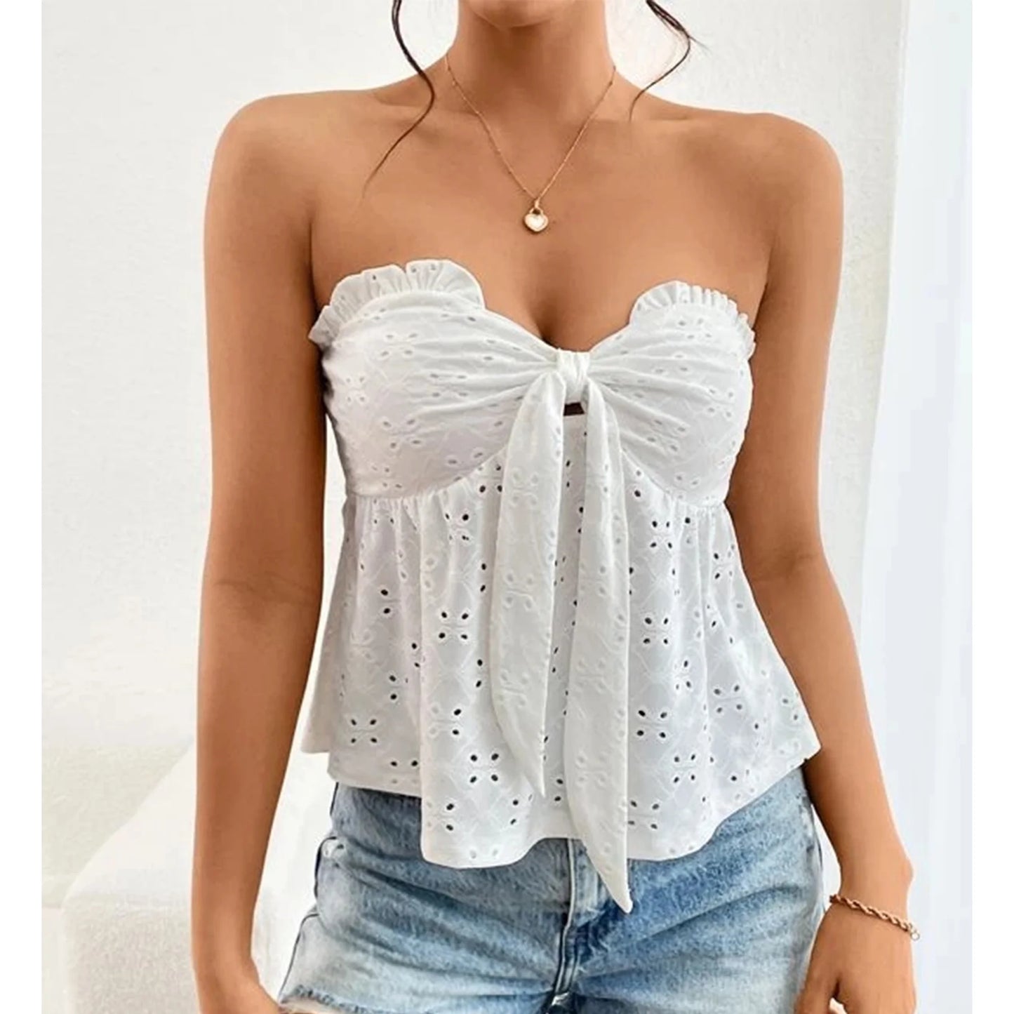 SOMER Women's Tube Top Summer Eyelet Bandeau Butterfly Knot Off Shoulder Top