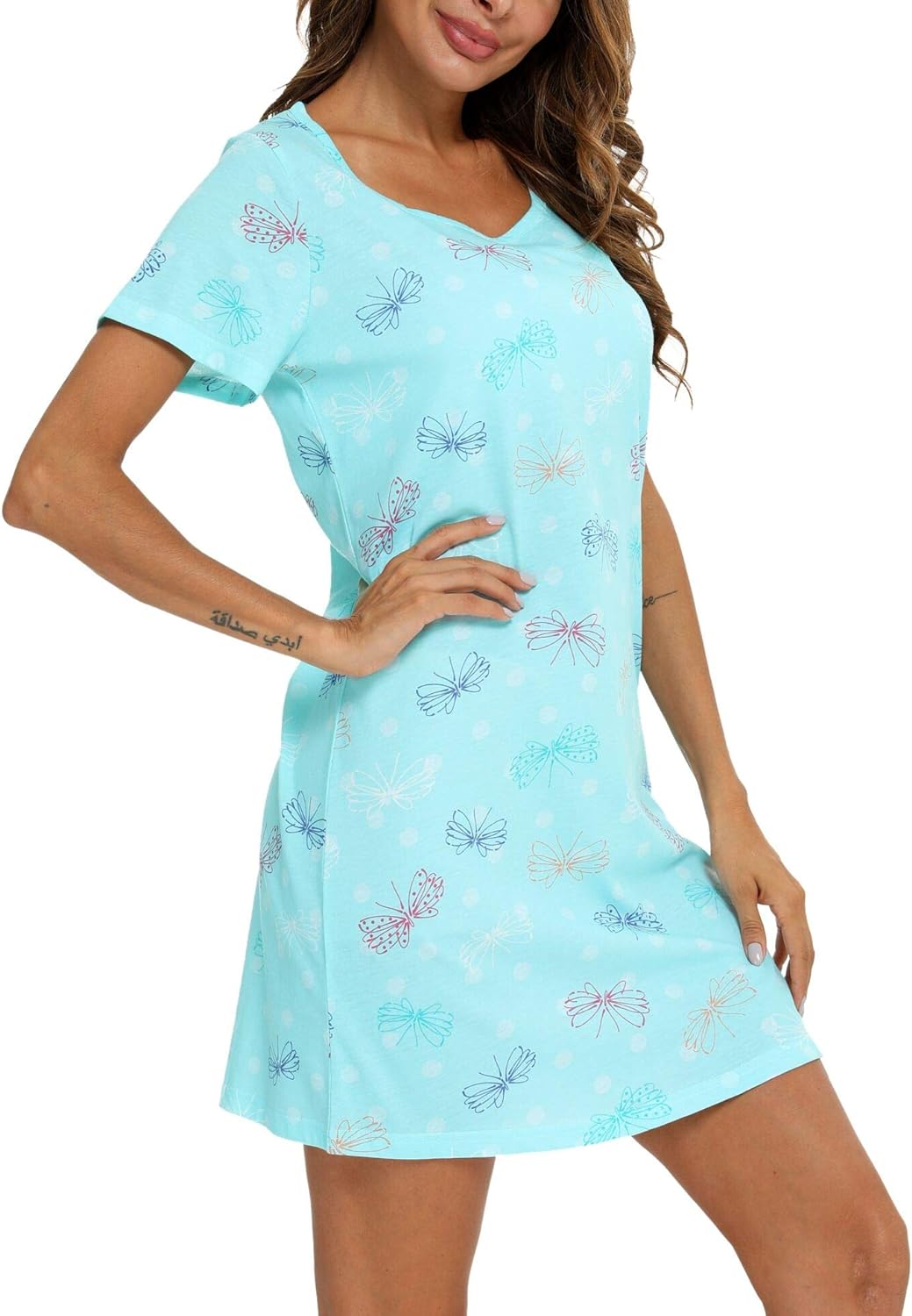 Womens Nightgowns Cotton Soft Sleepwear Sleep Shirt Pajama Dress Short Sleeve Nightshirt Print Sleepshirt
