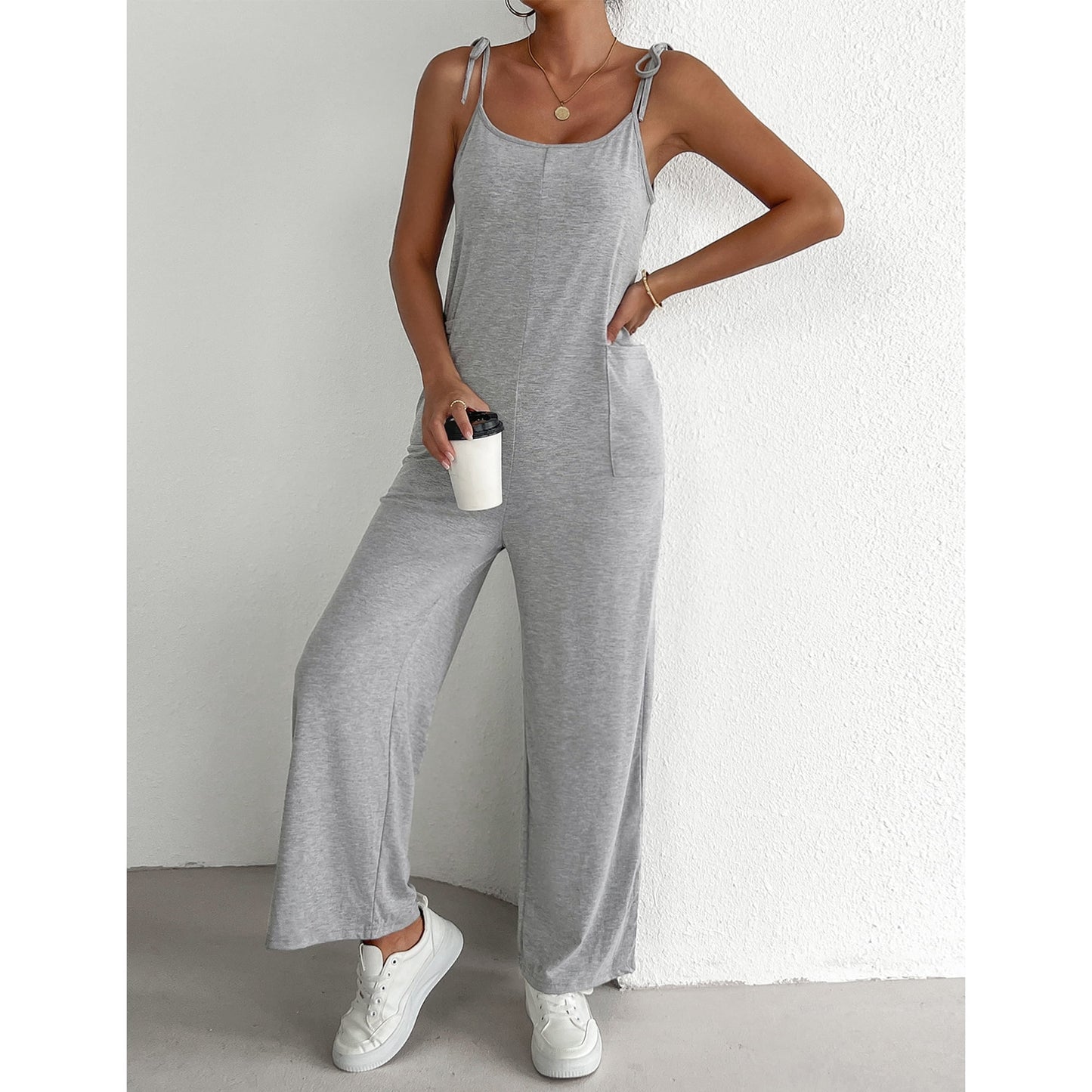 MLDRA Women's Sleeveless Jumpsuits Loose Casual Overalls Rompers Adjustable Spaghetti Straps Long Pants with Pockets