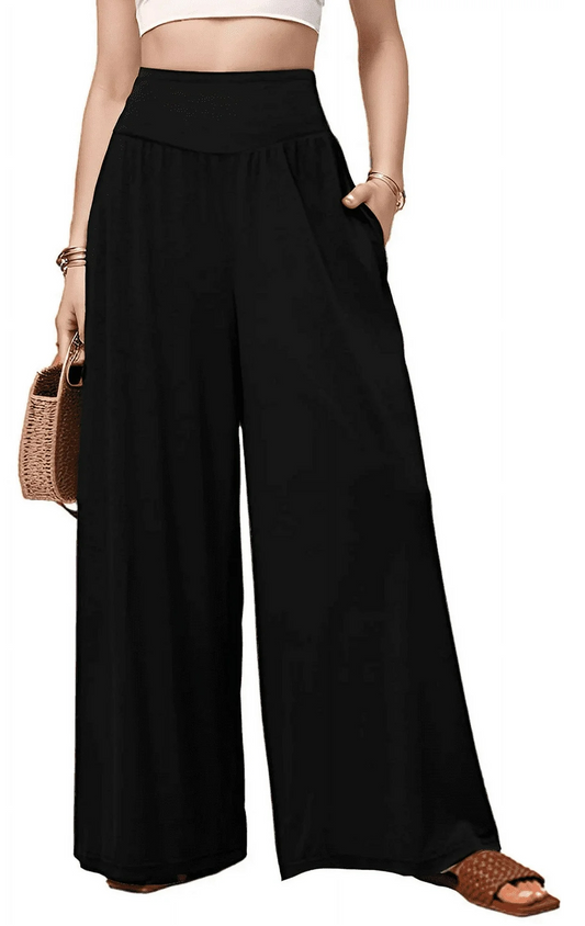 MLDRA Pants for Women Wide Leg Flowy Dressy Casual Pants Elastic High Waist Palazzo Pant with Pockets Women's Black Loose Pants