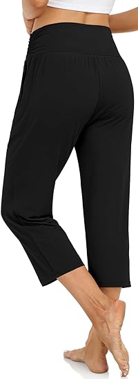 Women's Capri Pants Casual Loose Yoga Pants Comfy Workout Elastic Waist Pant with Pockets Summer Black