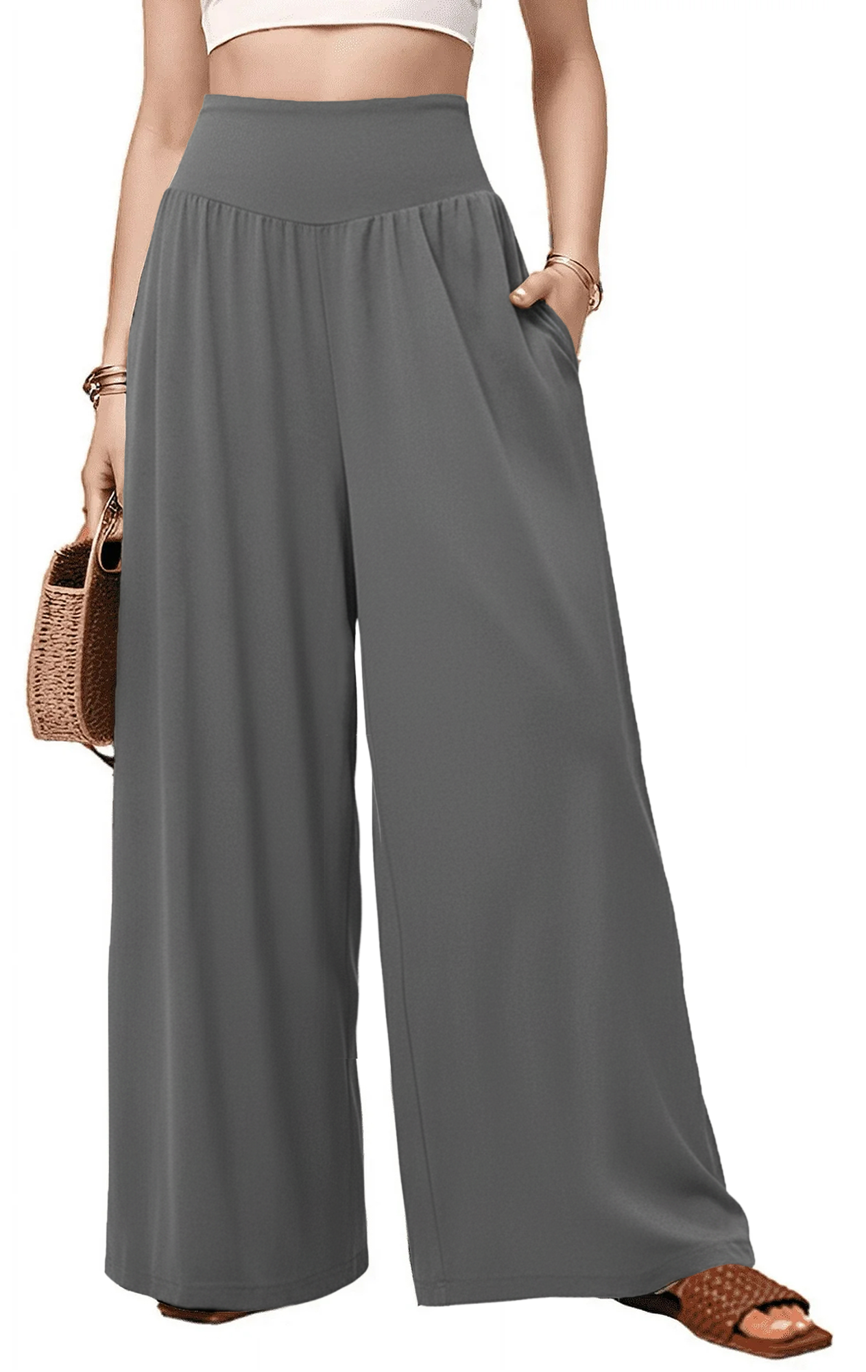 MLDRA Wide Leg Pants Women Flowy Dressy Cotton Casual Womens Pants Elastic High Waist Palazzo Pant for Women with Pockets