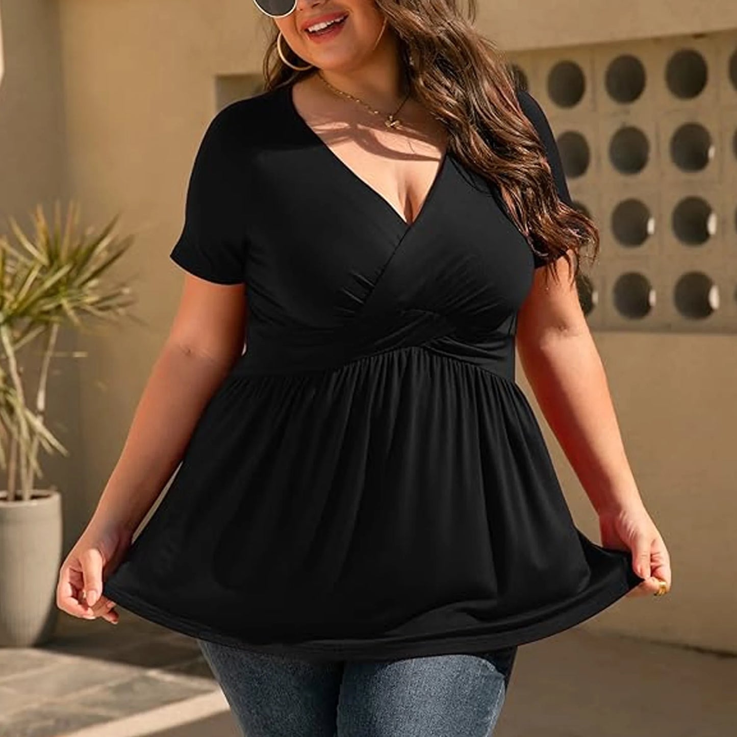 2025 Women's Plus Size Tops V Neck Short Sleeve Plus Size Tunic Tops for Women Dressy Wrap Shirts