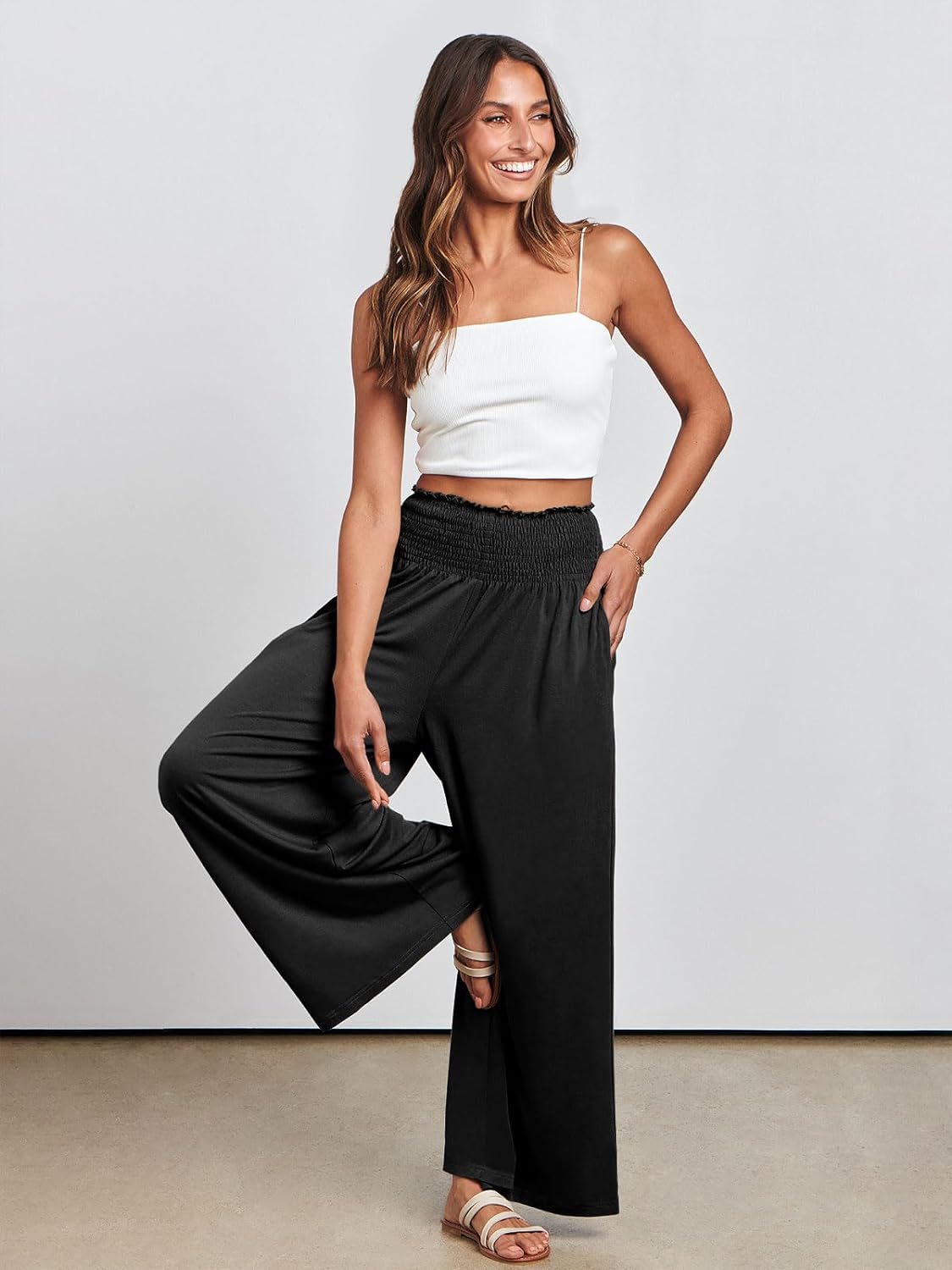 Womens Pleated Flowy Wide Leg Pants Smocked Elastic Waist Casual Loose Palazzo Trousers with Pockets