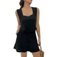 Women's Lounge Set 2-Piece Shorts Outfit Square Collar Vest Top Shirts High-Waisted Shorts with Pockets Loungewear Summer Black