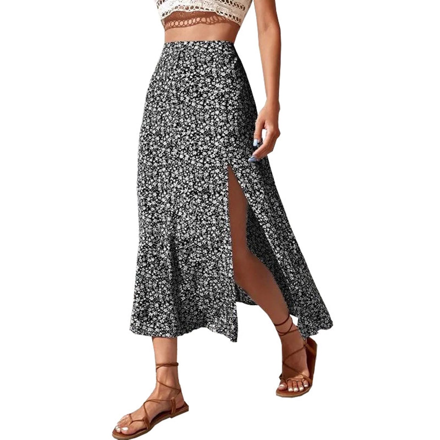 MLDRA Skirts For Women Floral High Waist Maxi Skirt Summer Beach A Line Split Thigh Long Skirts