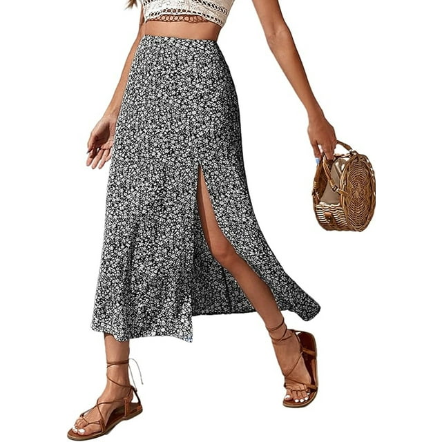 MLDRA Skirts For Women Floral High Waist Maxi Skirt Summer Beach A Line Split Thigh Long Skirts