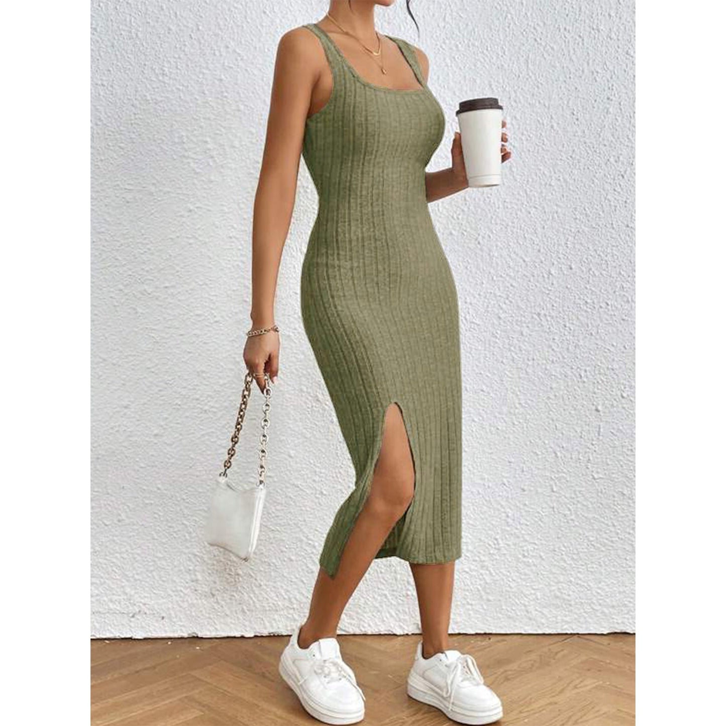 MLDRA Ribbed Dresses for Women's Scoop Neck Sleeveless Sexy Knit Midi Tank Dress with Slit