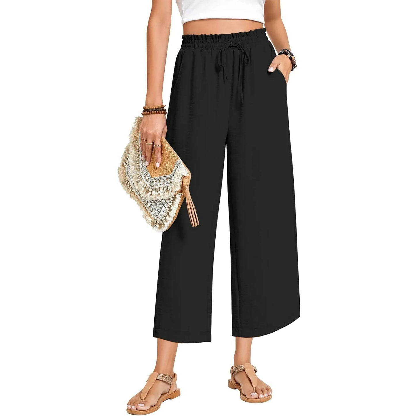 MLDRA Womens Capri Yoga Wide Leg Pant Sweatpants Palazzo Leggings Lounge Workout Cropped Work Loose High Waisted Drawstring Pajama with Pockets Summer Fall Lightweight Thin Black