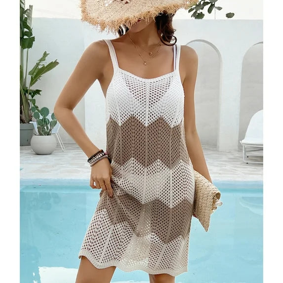 MLDRA Women Swimsuit Cover Ups Summer Sleeveless Striped Color Block Bathing Suit Swimwear Hollow Out Knit Dress