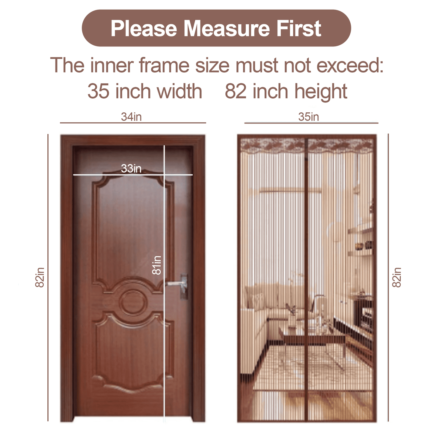 Magnetic Screen Door for Home, Auto-Close Heavy Duty Mesh Curtain, Bug Proof & Pet Friendly Design, Easy-Install Hands Free Entry, 35.4" x 82.7", Coffee Brown