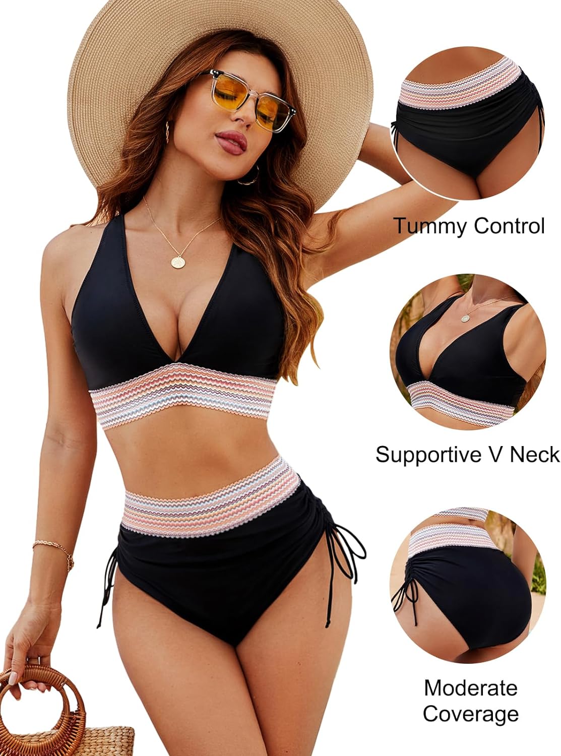Women Bikini Sets Push Up Swimsuits Tummy Control Bathing Suit Color Block 2 Piece High Waisted Drawstring Swim suits