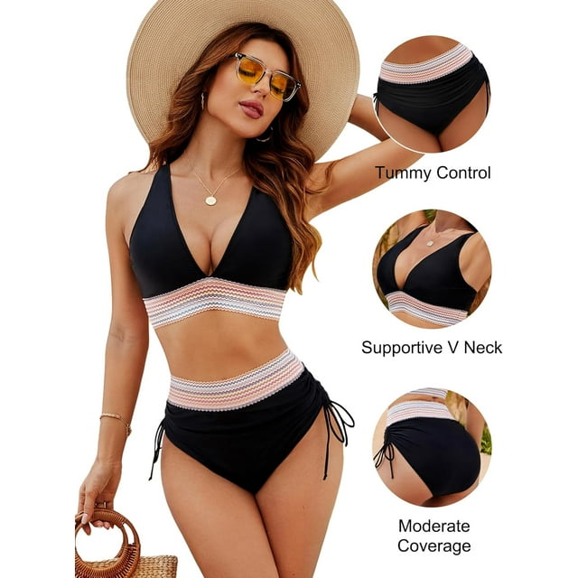 Women Bikini Sets Push Up Swimsuits Tummy Control Bathing Suit Color Block 2 Piece High Waisted Drawstring Swim suits