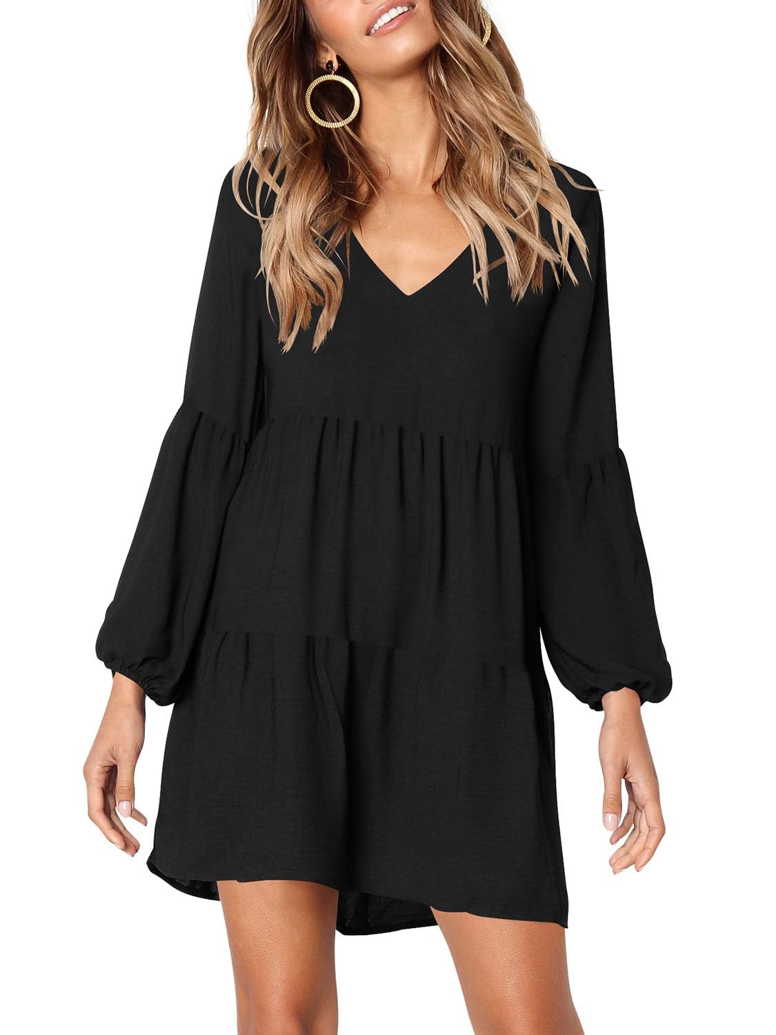 MLDRA Dresses for Women Long Sleeve Dress for Women Navy Blue V Neck Loose Flowing A Line Cute Casual Mini Dress with Pocket Spring
