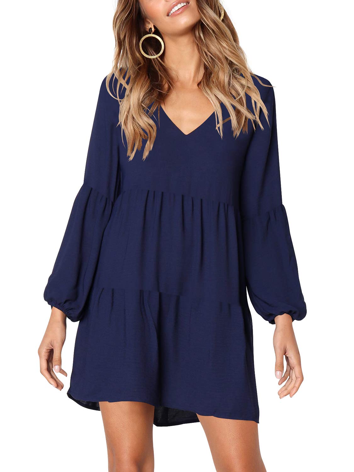 MLDRA Dresses for Women Long Sleeve Dress for Women Navy Blue V Neck Loose Flowing A Line Cute Casual Mini Dress with Pocket Spring