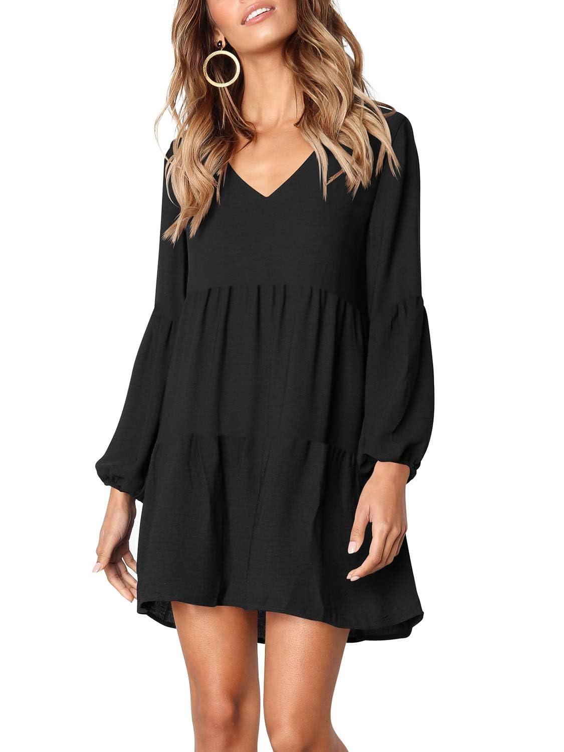 MLDRA Dresses for Women Long Sleeve Dress for Women Navy Blue V Neck Loose Flowing A Line Cute Casual Mini Dress with Pocket Spring