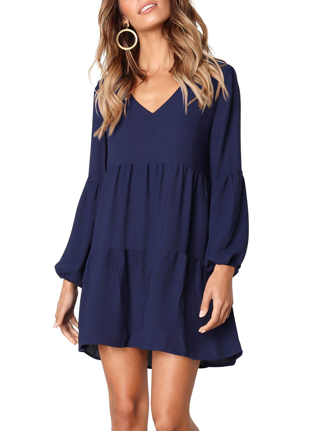 MLDRA Dresses for Women Long Sleeve Dress for Women Navy Blue V Neck Loose Flowing A Line Cute Casual Mini Dress with Pocket Spring