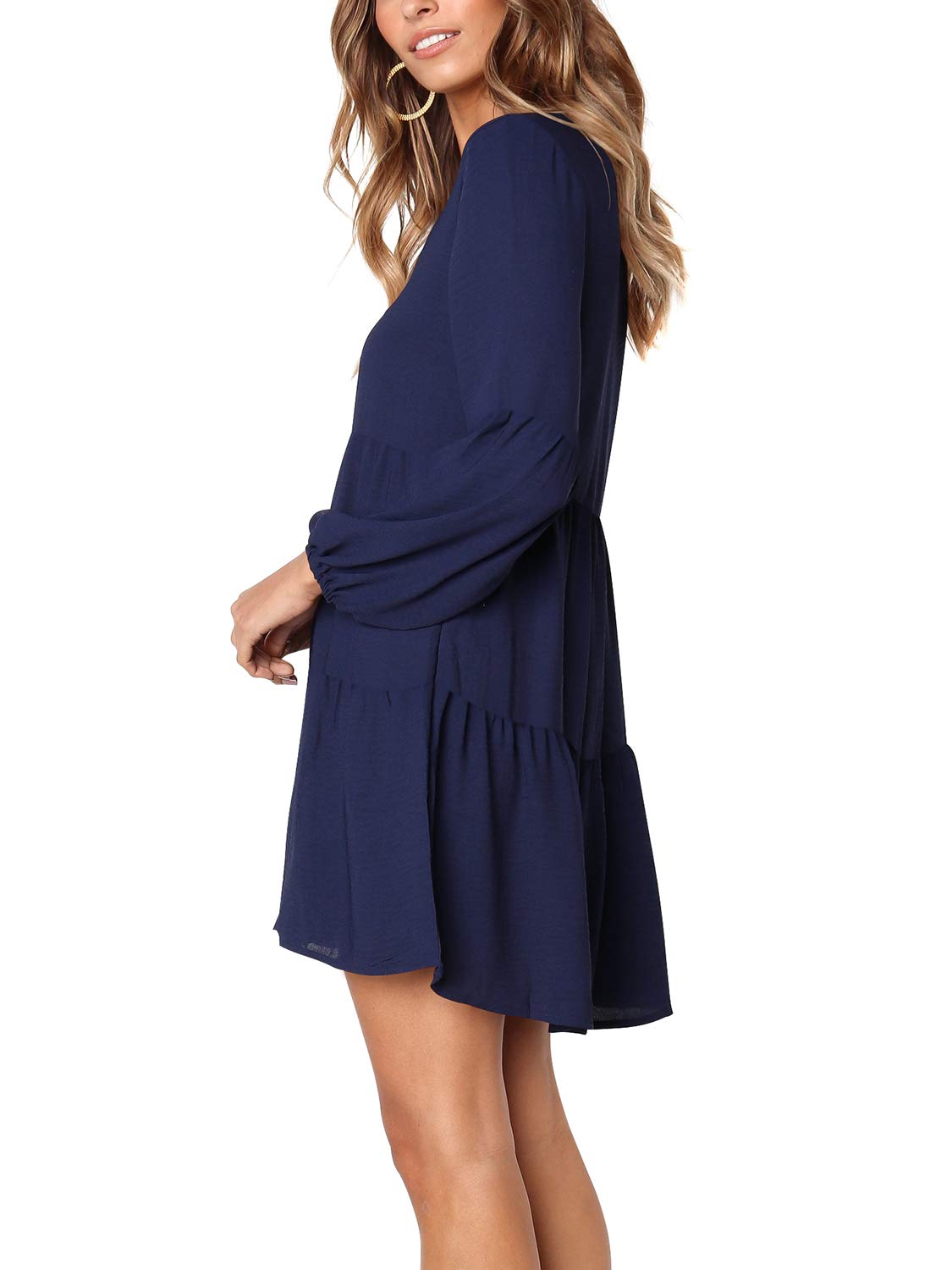 MLDRA Dresses for Women Long Sleeve Dress for Women Navy Blue V Neck Loose Flowing A Line Cute Casual Mini Dress with Pocket Spring