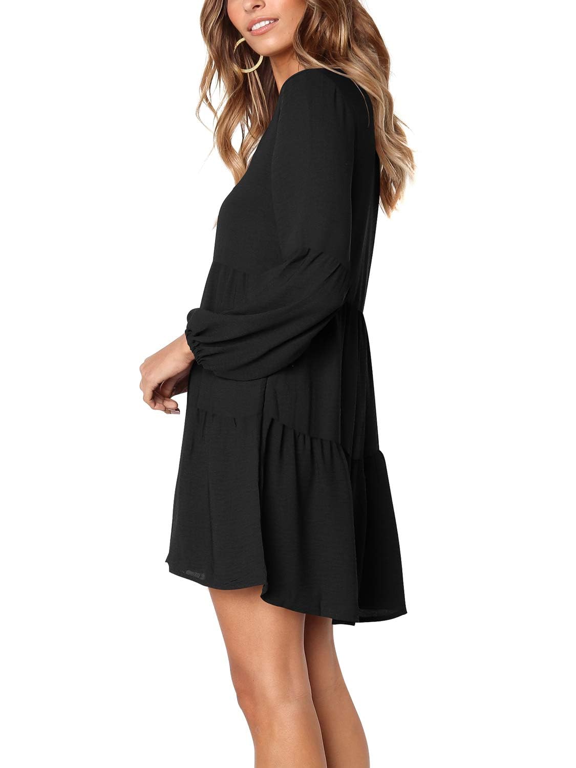 MLDRA Dresses for Women Long Sleeve Dress for Women Navy Blue V Neck Loose Flowing A Line Cute Casual Mini Dress with Pocket Spring