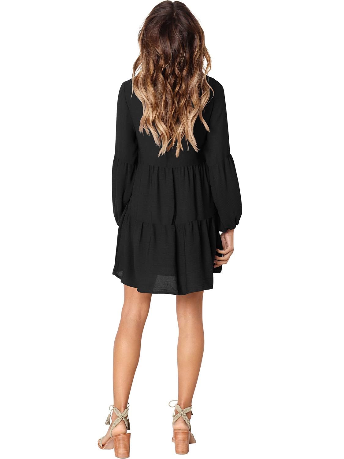 MLDRA Dresses for Women Long Sleeve Dress for Women Navy Blue V Neck Loose Flowing A Line Cute Casual Mini Dress with Pocket Spring