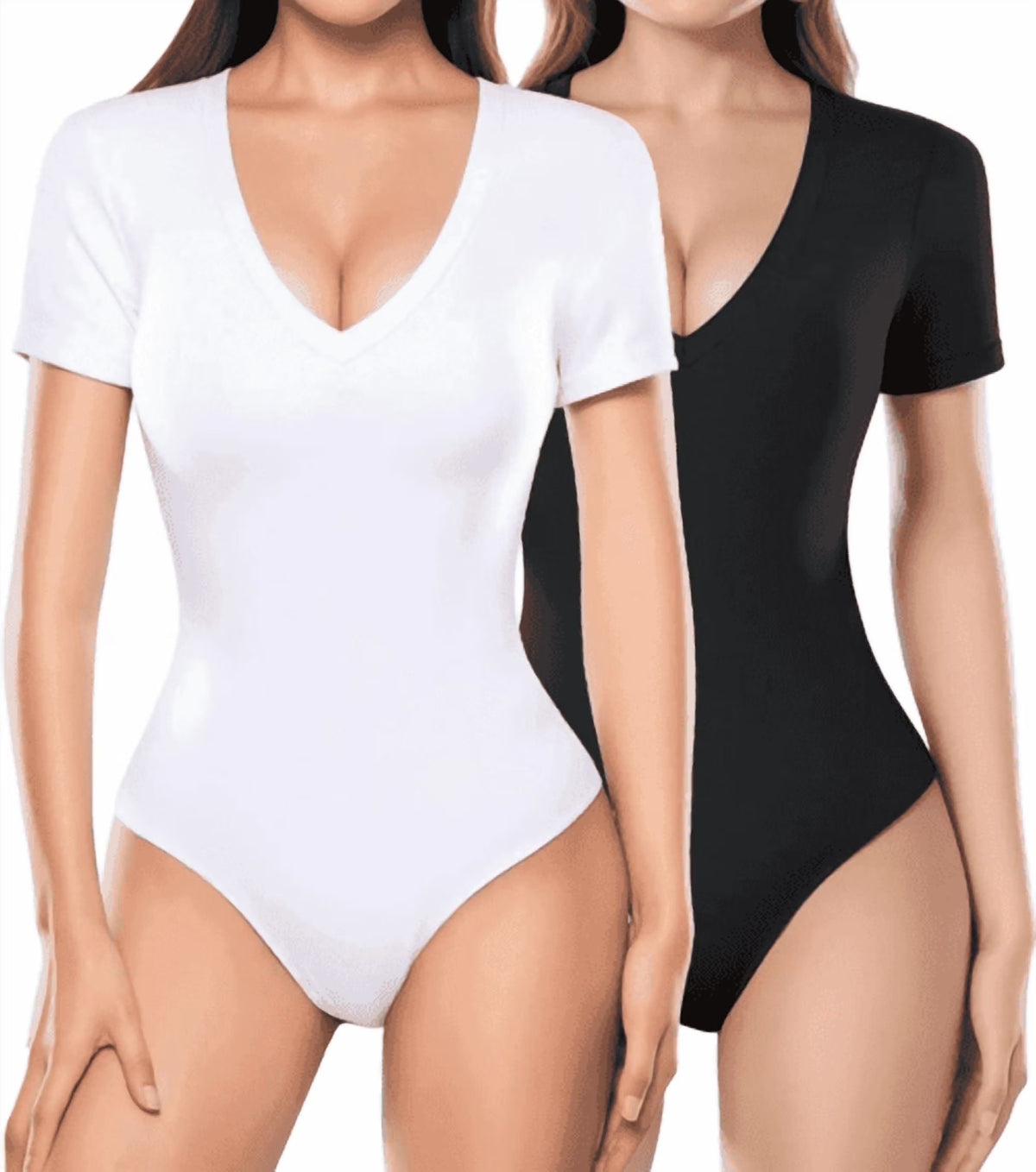 MLDRA 2 Pack Women Body Suit Deep V Neck Short Sleeve Bodysuits Summer Lightweight Tops Black and White