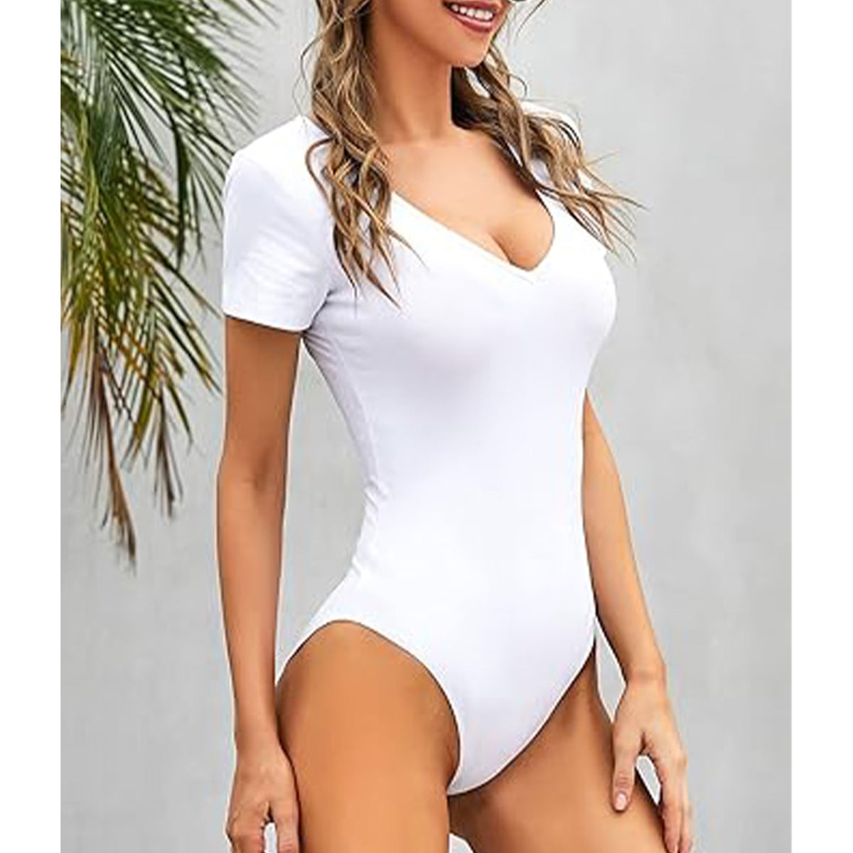 MLDRA 2 Pack Women Body Suit Deep V Neck Short Sleeve Bodysuits Summer Lightweight Tops Black and White