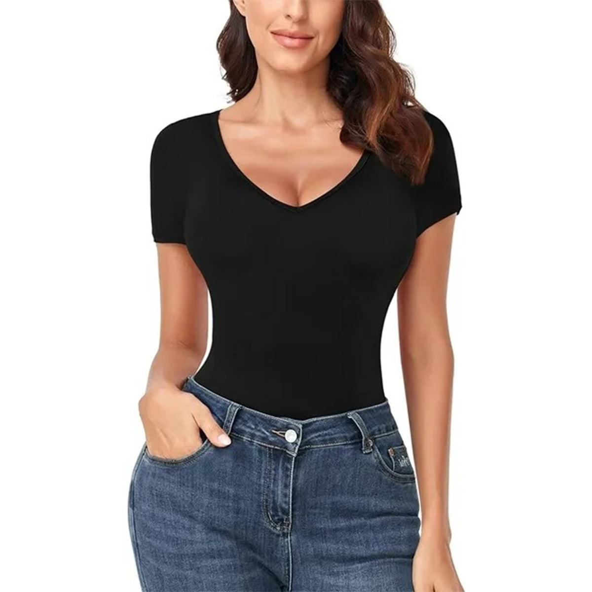 MLDRA 2 Pack Women Body Suit Deep V Neck Short Sleeve Bodysuits Summer Lightweight Tops Black and White