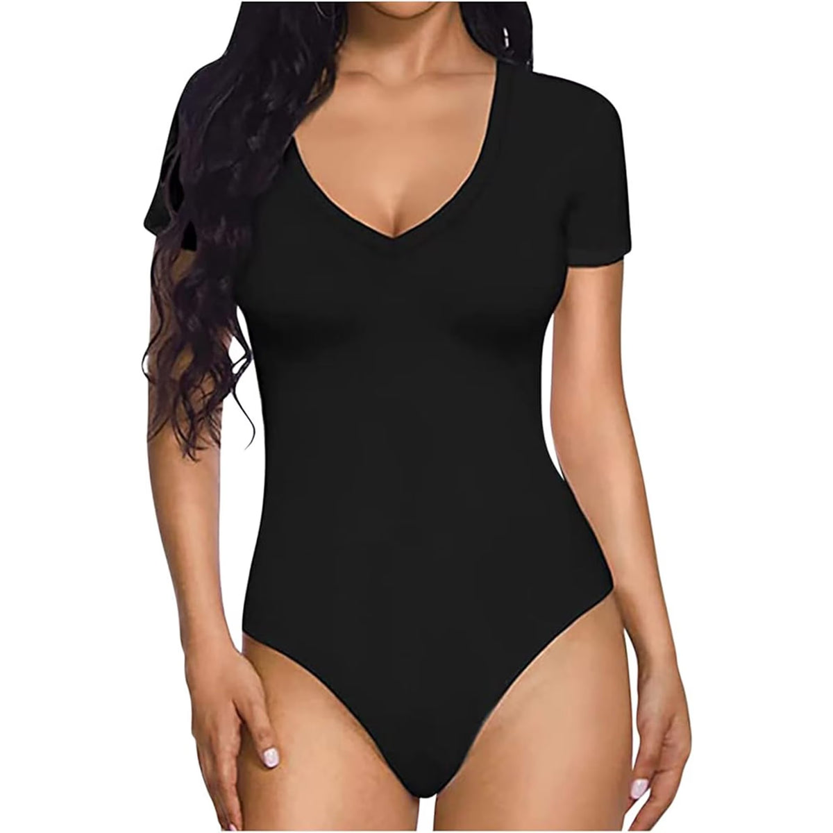MLDRA 2 Pack Women Body Suit Deep V Neck Short Sleeve Bodysuits Summer Lightweight Tops Black and White