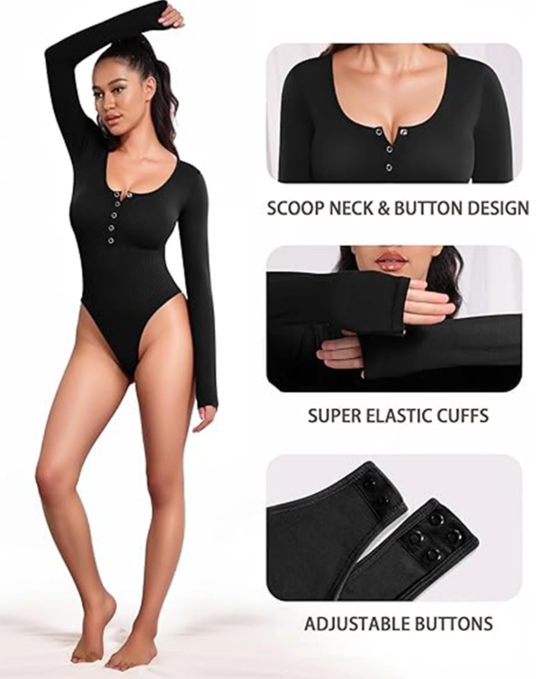 Bodysuits Tummy Control Long Sleeve Body Suit Crew Neck Ribbed Button Down for Women Black