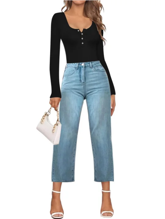 Bodysuits Tummy Control Long Sleeve Body Suit Crew Neck Ribbed Button Down for Women Black