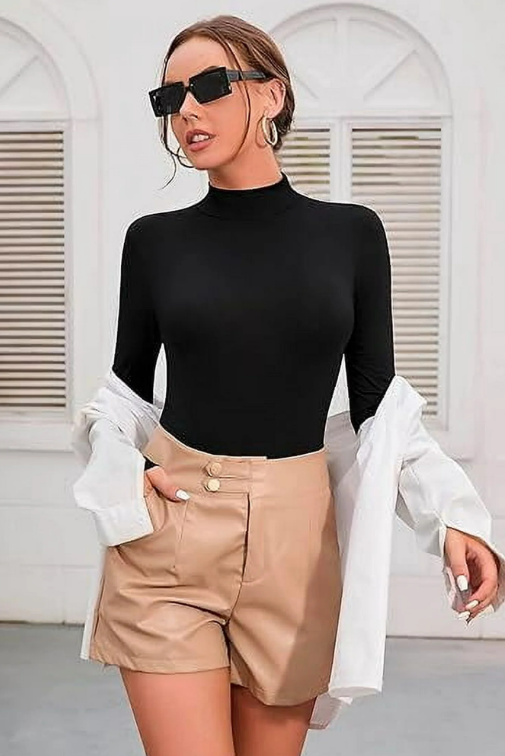 Bodysuits Tummy Control Long Sleeve Body Suit Mock Turtle Neck Top Classic Slimming for Women Black