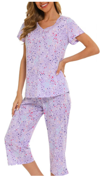 MLDRA Womens Pajama Sets 2 Piece Cotton Lounge Set Lightweight Pj Set Short Sleeve Tops With Capri Pants Cute Ladies Sleepwear Summer Set